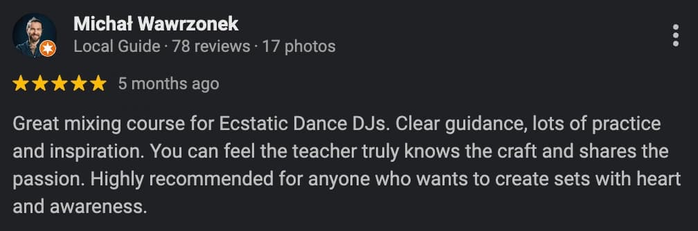 Google review from an Ecstatic Dance DJ student